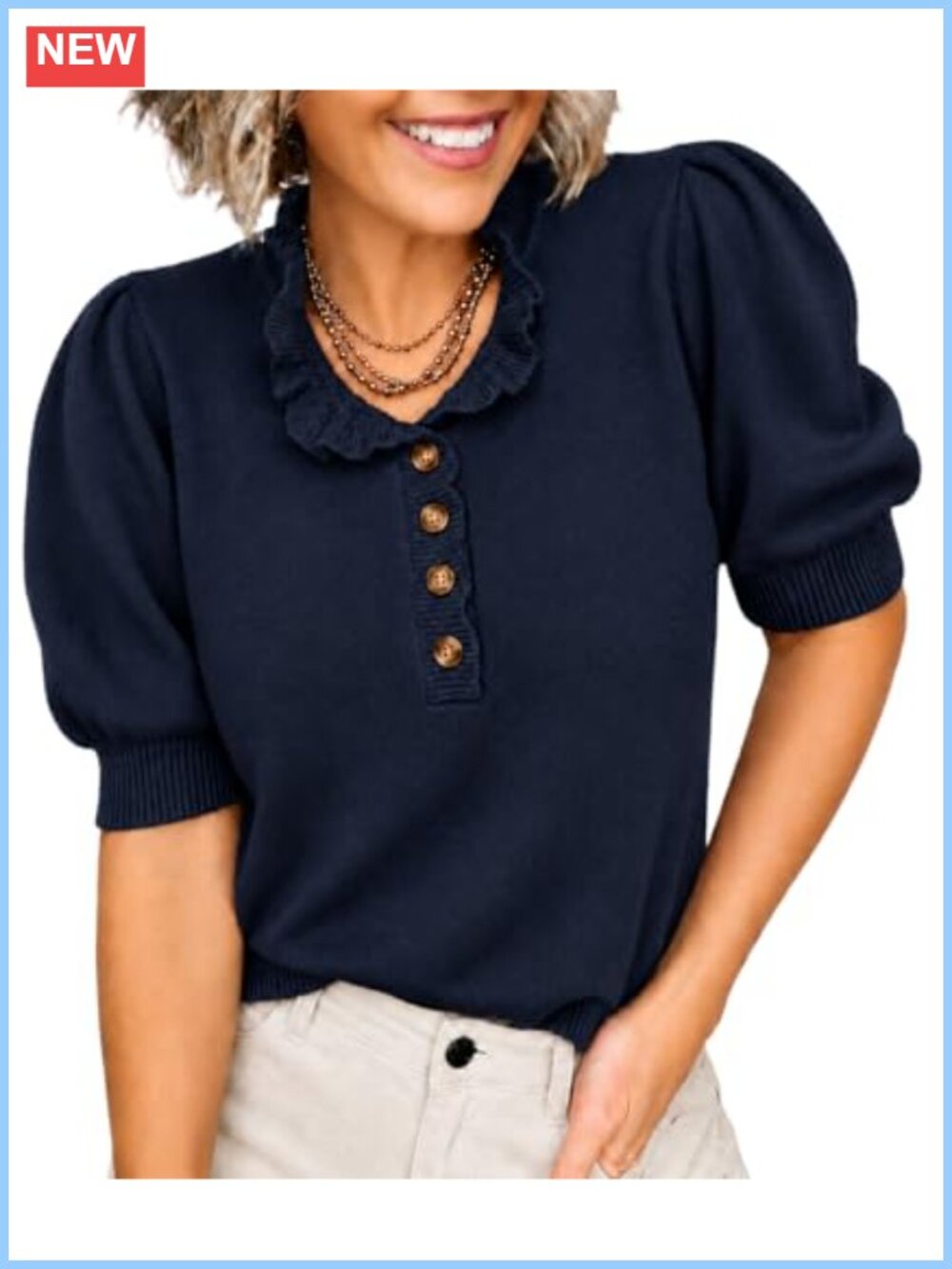 Women's Short Sleeve Knit Pullover Sweater Ruffle Scallop Crew Neck Puff Sleeve